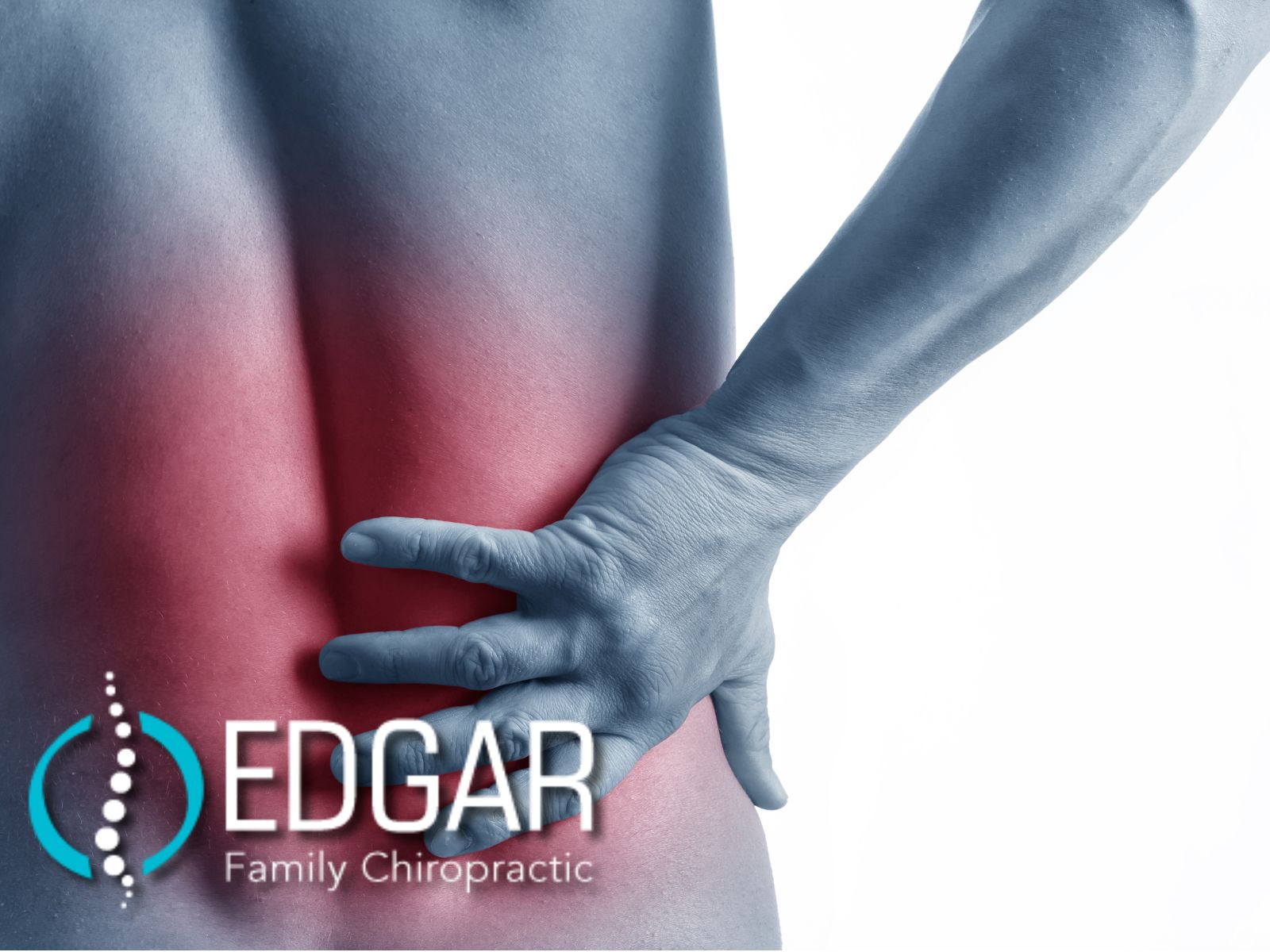 A Lower back highlighted in red indicating pain.